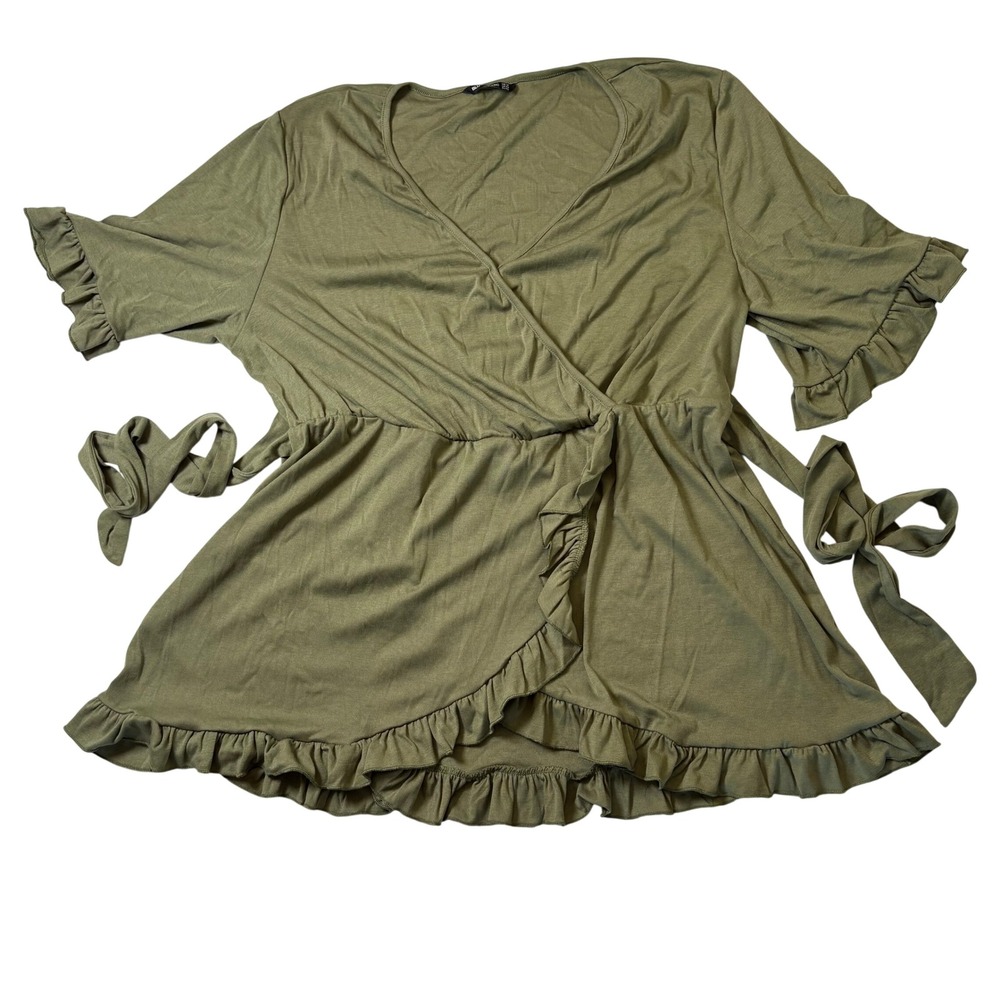 BloomChic Olive Green Wrap Ruffle Blouse